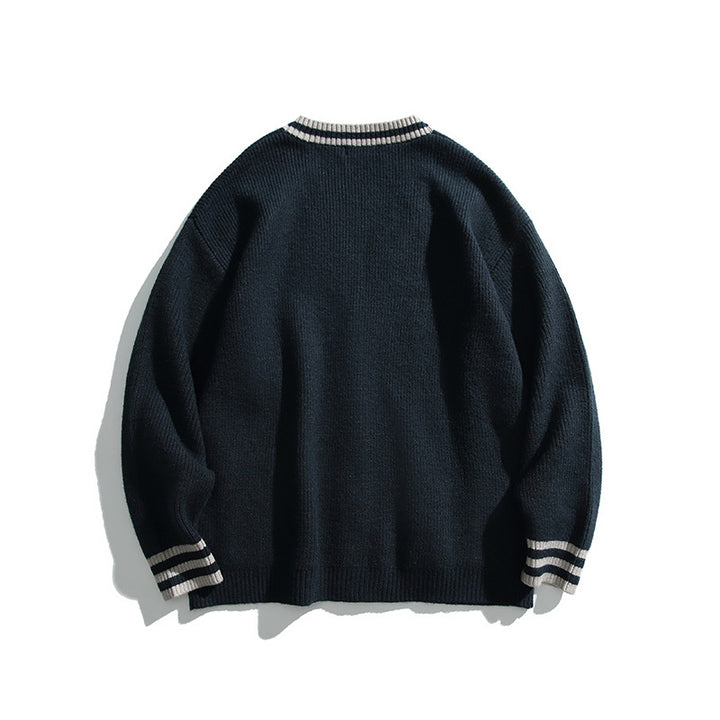 Unisex Oversize-Strickcardigan mit Kontraststreifen, V‑Ausschnitt und aufgesetzten Taschen Drune