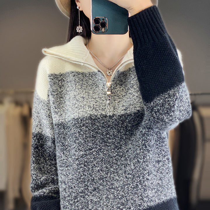 Damen Oversize-Strickpullover mit halbem Zip, meliertem Blockstreifen und weichem Flor Drune
