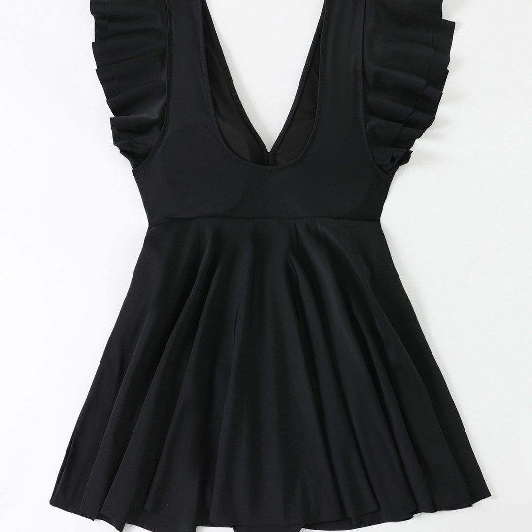 Damen Strandkleid mit leichtem V-Ausschnitt und voluminösen Rüschendetails Drune