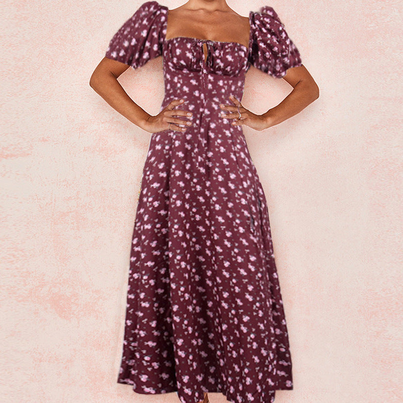 Damen Maxi-Kleid mit Puffärmeln und floralem Design Drune