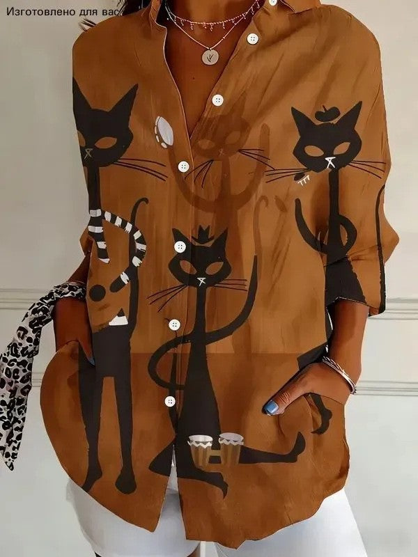 Damen Modische Hemdbluse mit einzigartigem Katzenmotiv Drune
