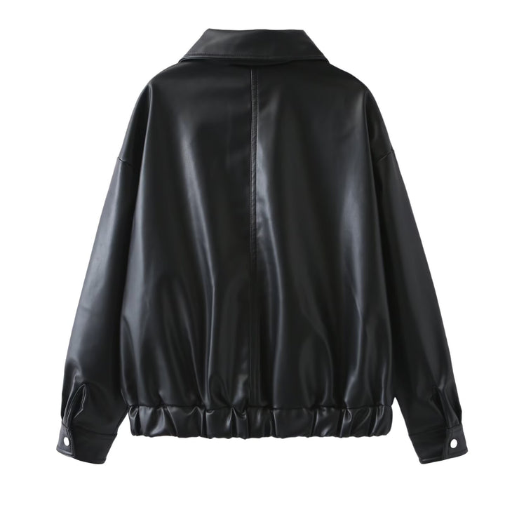 Damen Oversize Kunstleder-Bomberjacke mit Reißverschluss, elastischem Saum und Pattentaschen Drune