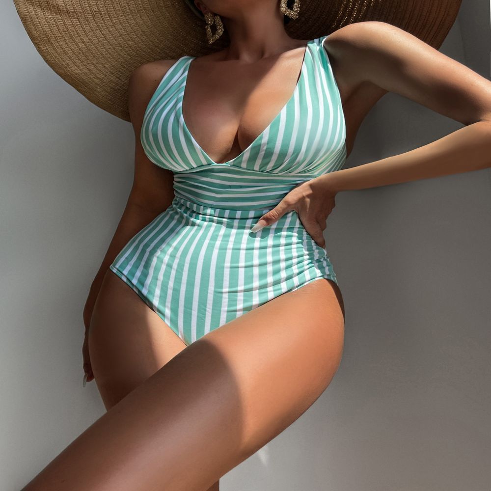 Damen Eleganter V-Ausschnitt Einteiler mit gestreiftem Design Drune
