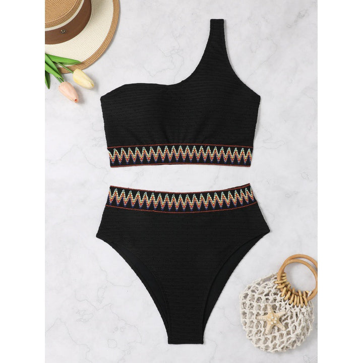 Damen Hochtailliertes Bikini-Set mit asymmetrischem Oberteil und dekorativem Muster Drune