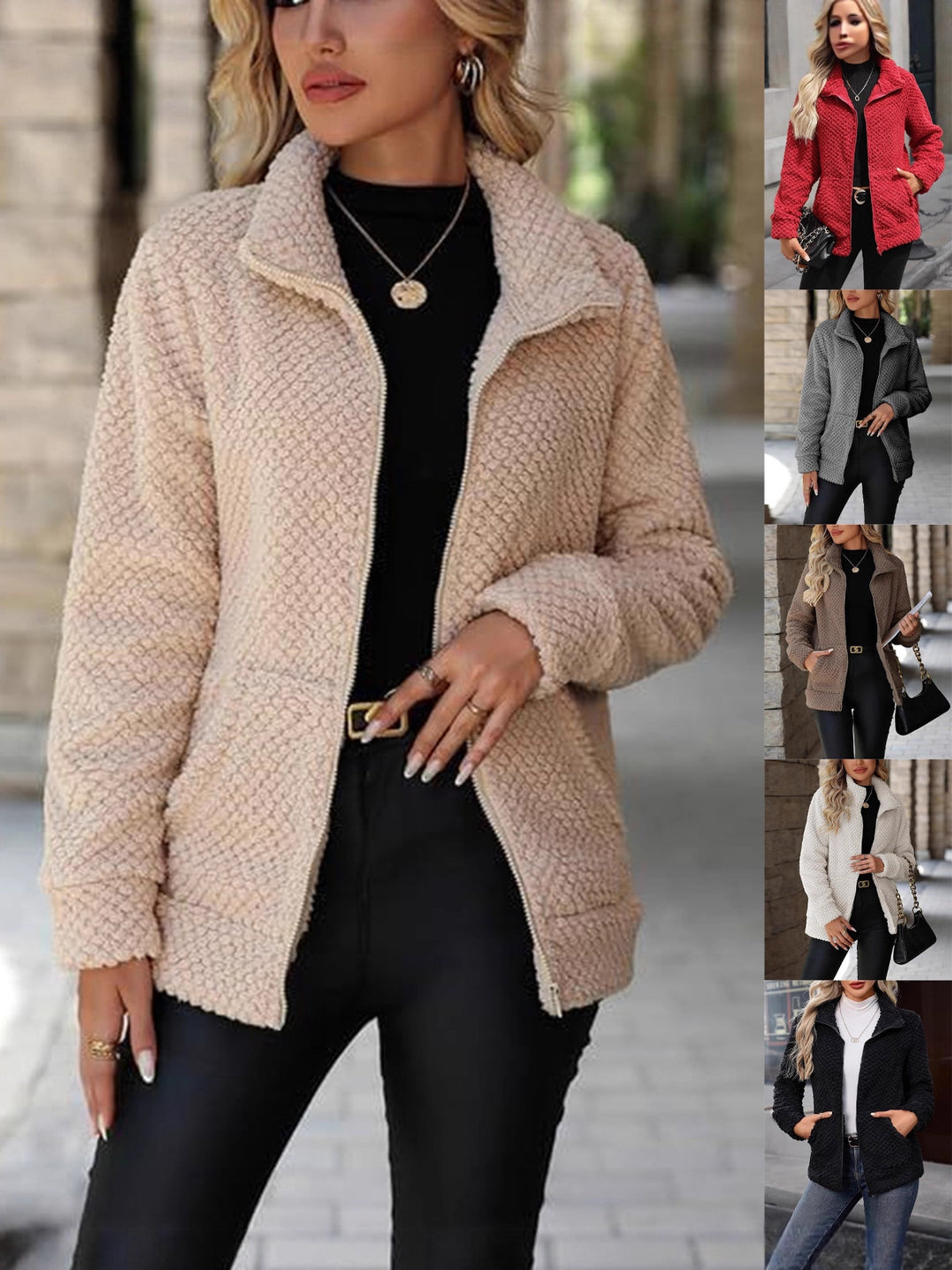 Damen Teddy-Fleece Jacke mit Reißverschluss und Stehkragen Drune