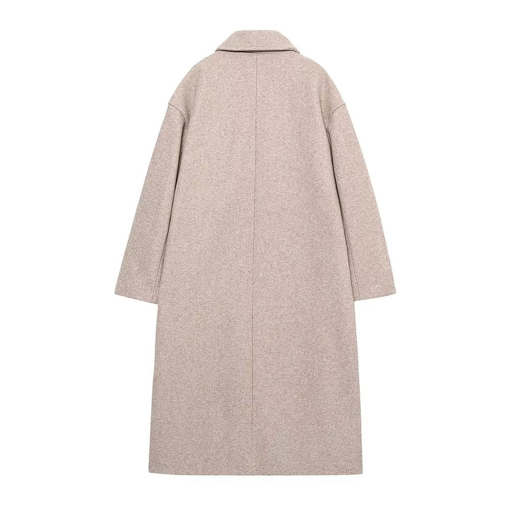 Damen nan lang geschnittener Boxy‑Mantel mit doppelt geknöpfter Front, überlappendem Schalkragen und großzügigen Pattentaschen Drune