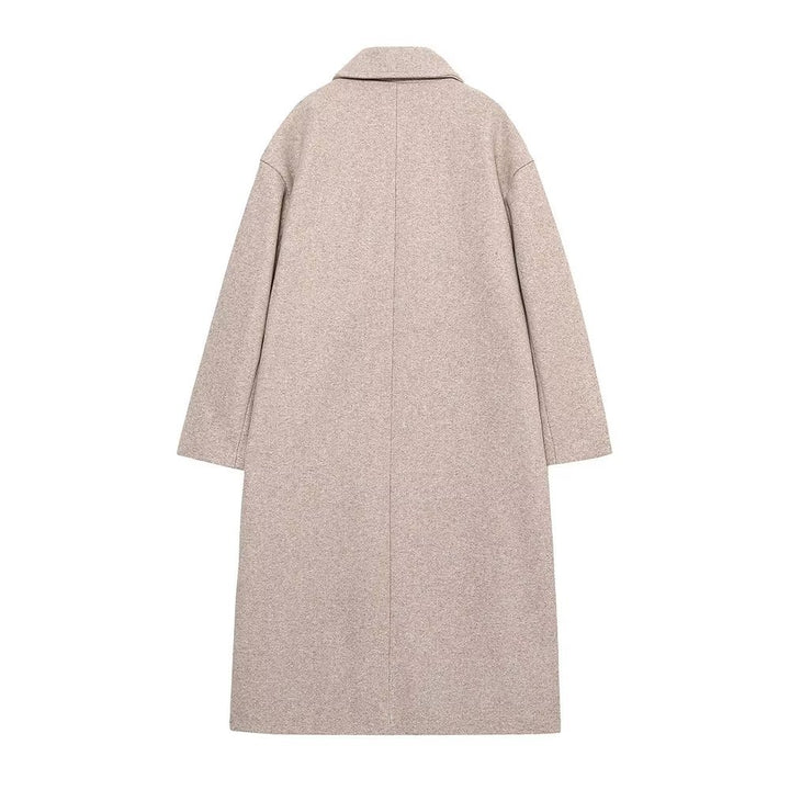 Damen nan lang geschnittener Boxy‑Mantel mit doppelt geknöpfter Front, überlappendem Schalkragen und großzügigen Pattentaschen Drune