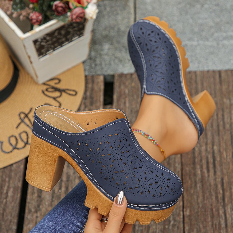 Damen Offene Clogs mit floralem Cut-Out Design und klobigem Absatz Drune