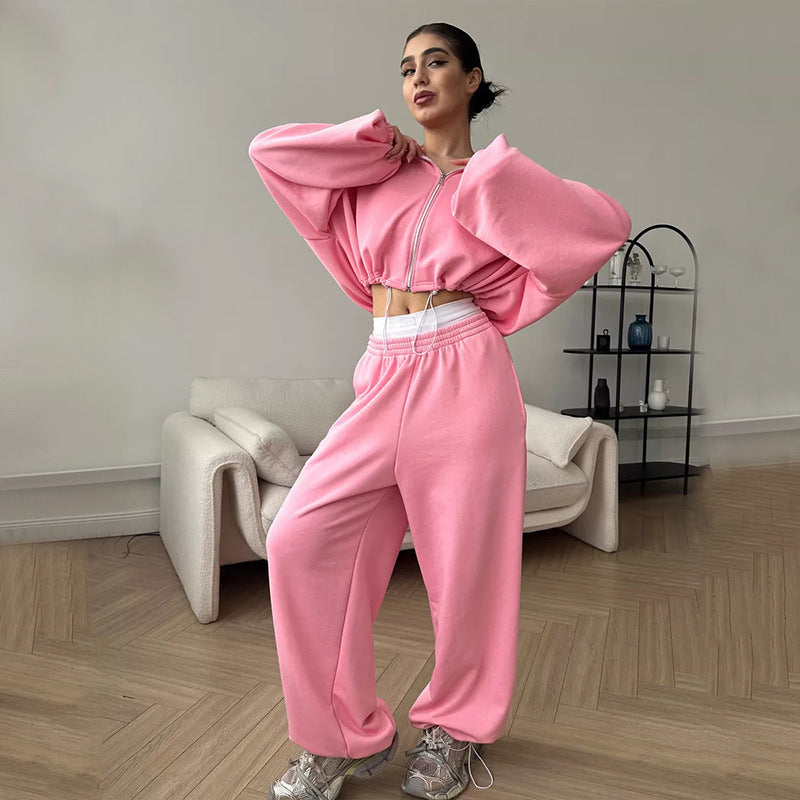 Damen kurzes Kapuzenzipper-Lounge-Set mit oversized Ärmeln und weitem Jogginghose-Schnitt Drune