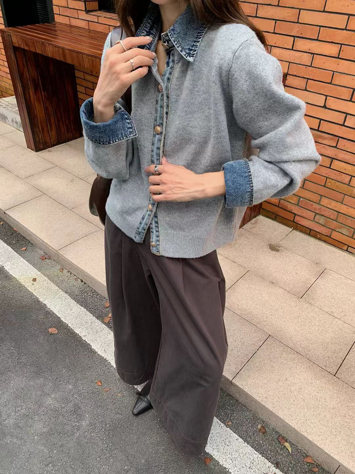 Damen lässiges Overshirt mit ausgefallenem Denim-Kragen und Knopfdetails Drune