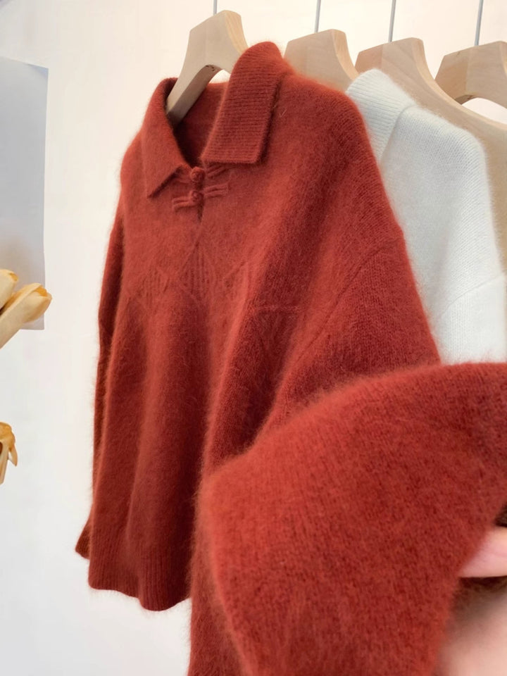 Damen Polokragen-Pullover im Mohair‑Look mit Ajour‑Zopfmuster, überschnittener Schulter und weiter Silhouette Drune