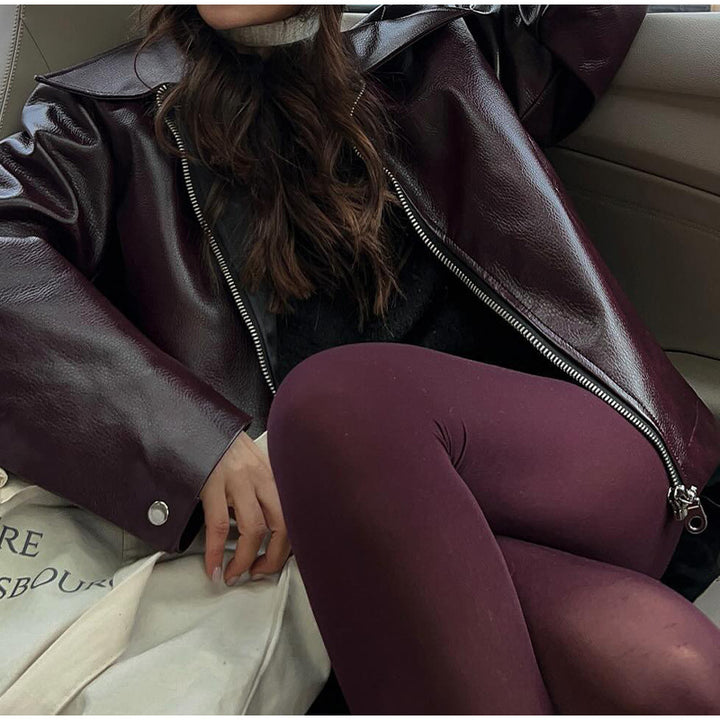 Damen modische Kunstlederjacke mit weitem Schnitt Drune