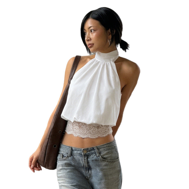 Damen sexy Haltertop mit Spitzenbesatz und Raffungen Drune