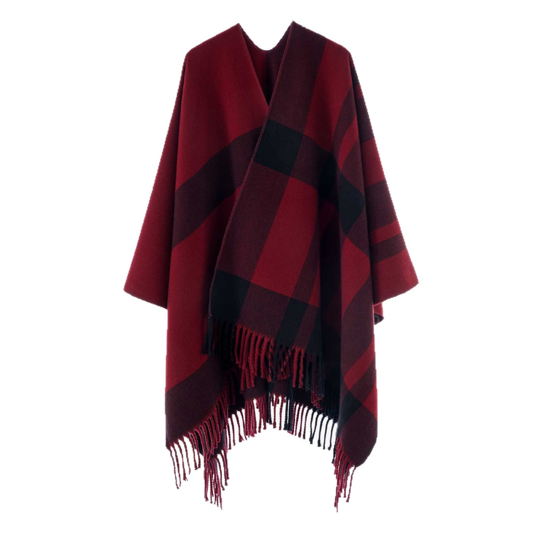 Damen Oversize-Cape mit Glencheck-Muster und Fransenabschluss Drune