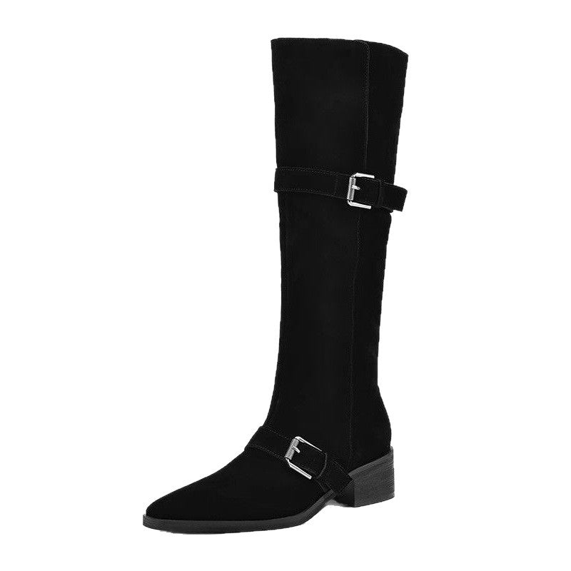 Damen Kniehohe Veloursleder-Slouch-Boots mit spitzer Zehenpartie, verstellbaren Zierschnallen und komfortablem Blockabsatz Drune