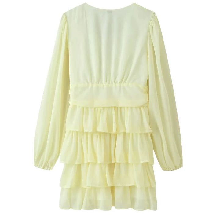 Damen volantiges Chiffon-Minikleid mit tiefem V‑Ausschnitt Drune