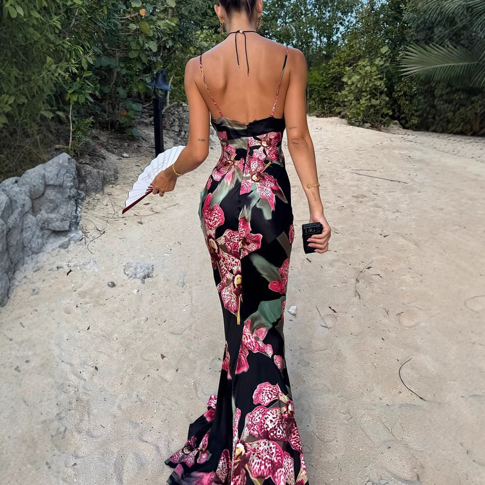 Damen Maxikleid mit floralem Seiden-Effekt und feinen Spaghettiträgern Drune