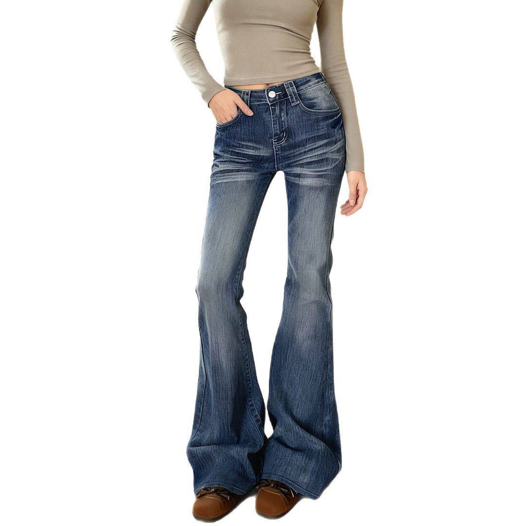 Damen Hochtaillierte Flared-Jeans mit Used-Waschung und Five-Pocket Drune