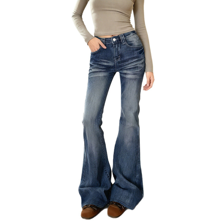 Damen Hochtaillierte Flared-Jeans mit Used-Waschung und Five-Pocket Drune