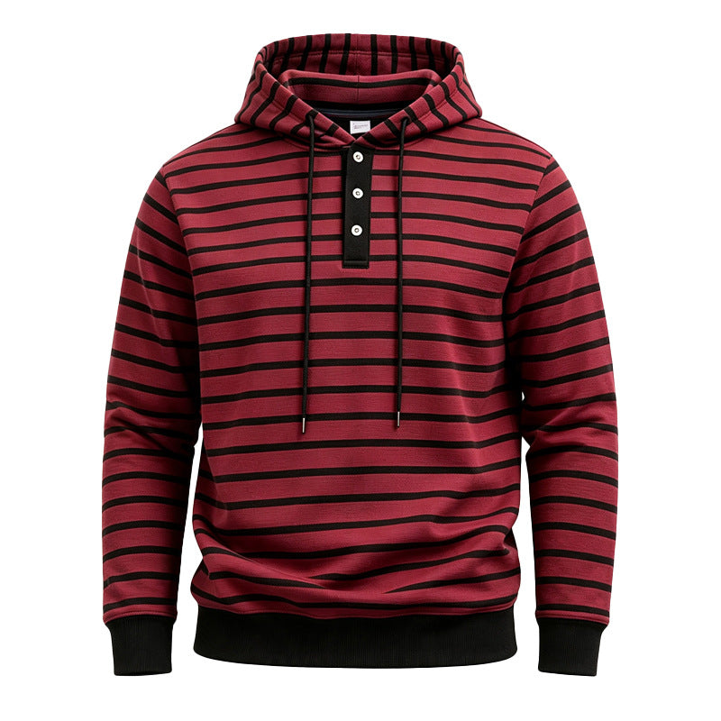 Herren Gestreifter Kapuzenpullover mit Henley‑Knopfleiste, Kordelzug und Rippbündchen Drune