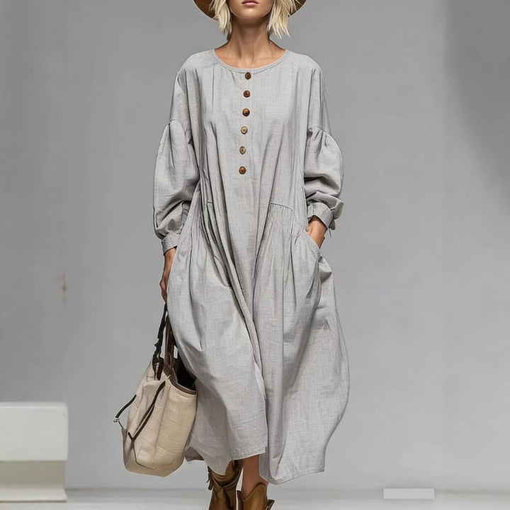 Damen Lässiges Midi-Kleid mit Knopfleiste, Ballonärmeln und Eingrifftaschen Drune