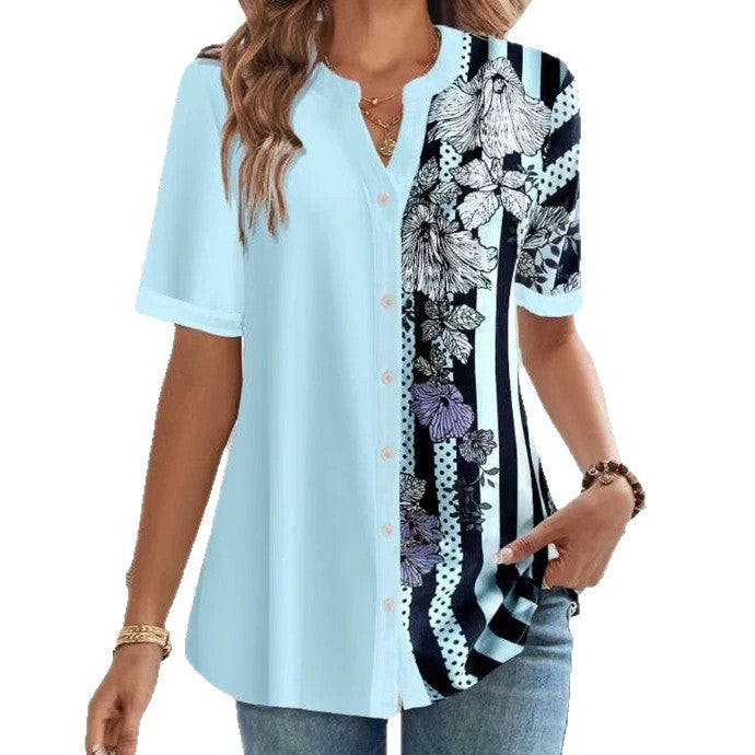 Damen nan zweigeteilte Hemdbluse mit asymmetrischem Muster-Mix, Knopfleiste und lockerer Hüftlänge Drune