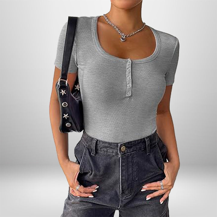 Damen Kurzarm Bodysuit mit Knopfdetails und figurbetonter Silhouette Drune