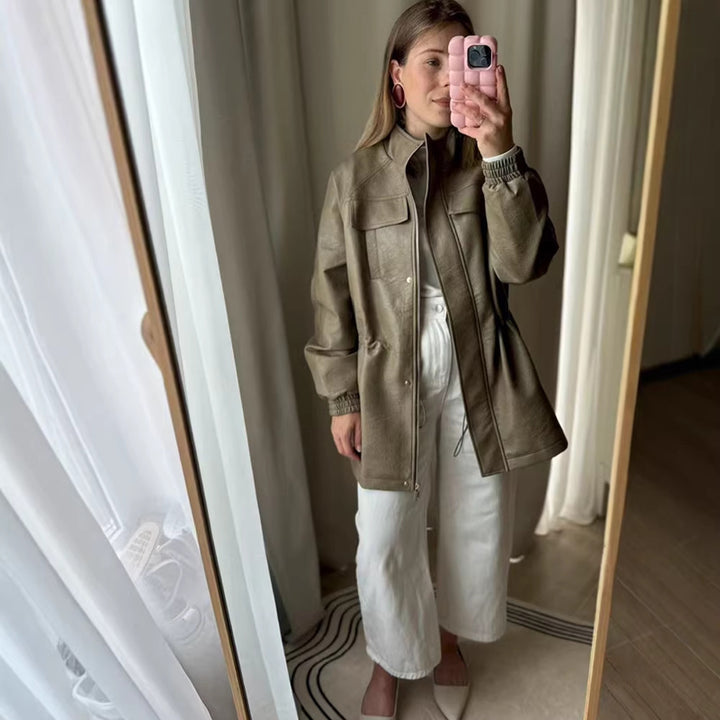 Damen Lederoptik-Parka mit Tunnelzugtaillierung, Stehkragen und Pattentaschen Drune
