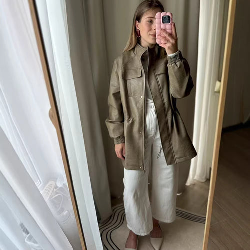Damen Lederoptik-Parka mit Tunnelzugtaillierung, Stehkragen und Pattentaschen Drune