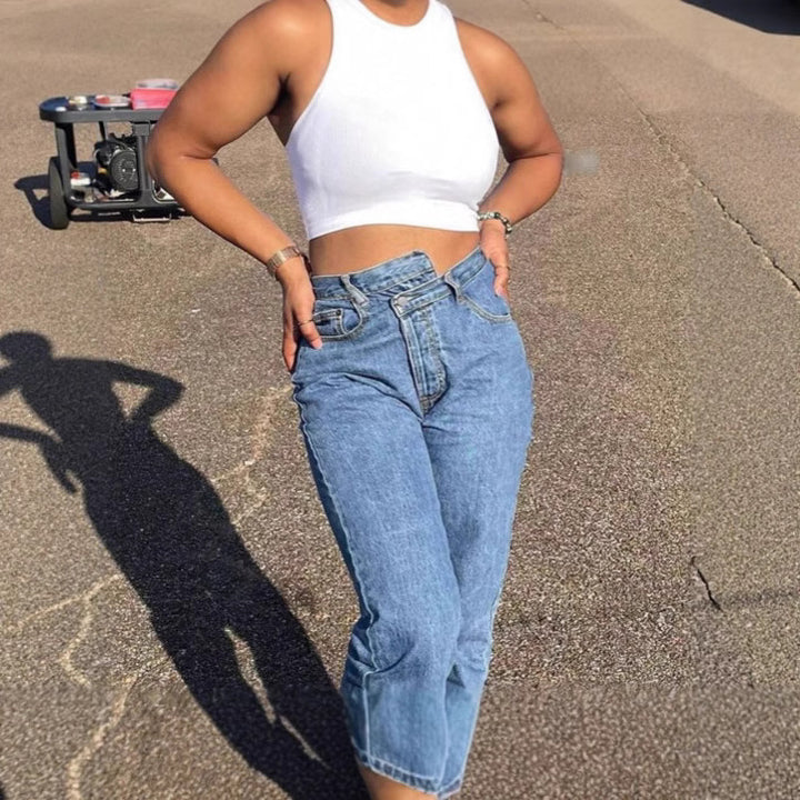 Damen Hochgeschnittene Cropped-Mom-Jeans mit asymmetrischem Bund und geradem Bein Drune