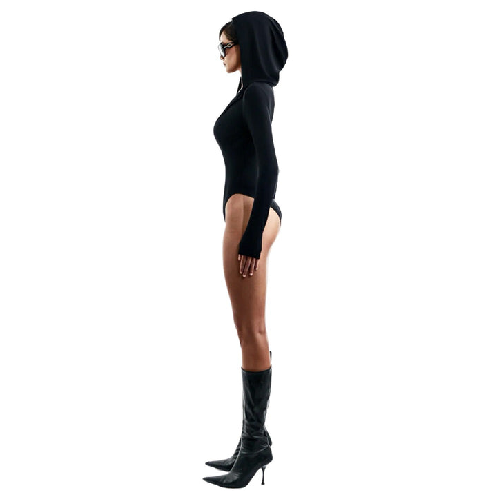 Damen Langarm-Bodysuit mit Kapuze und tiefem V-Ausschnitt Drune