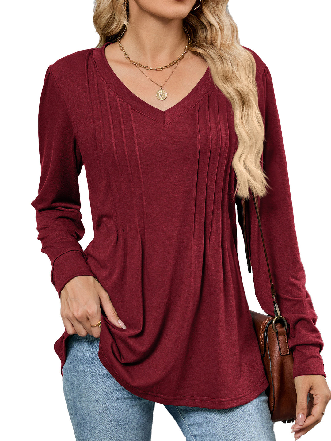 Damen Viskose Blusenshirt mit eleganten Falten und V-Ausschnitt Drune