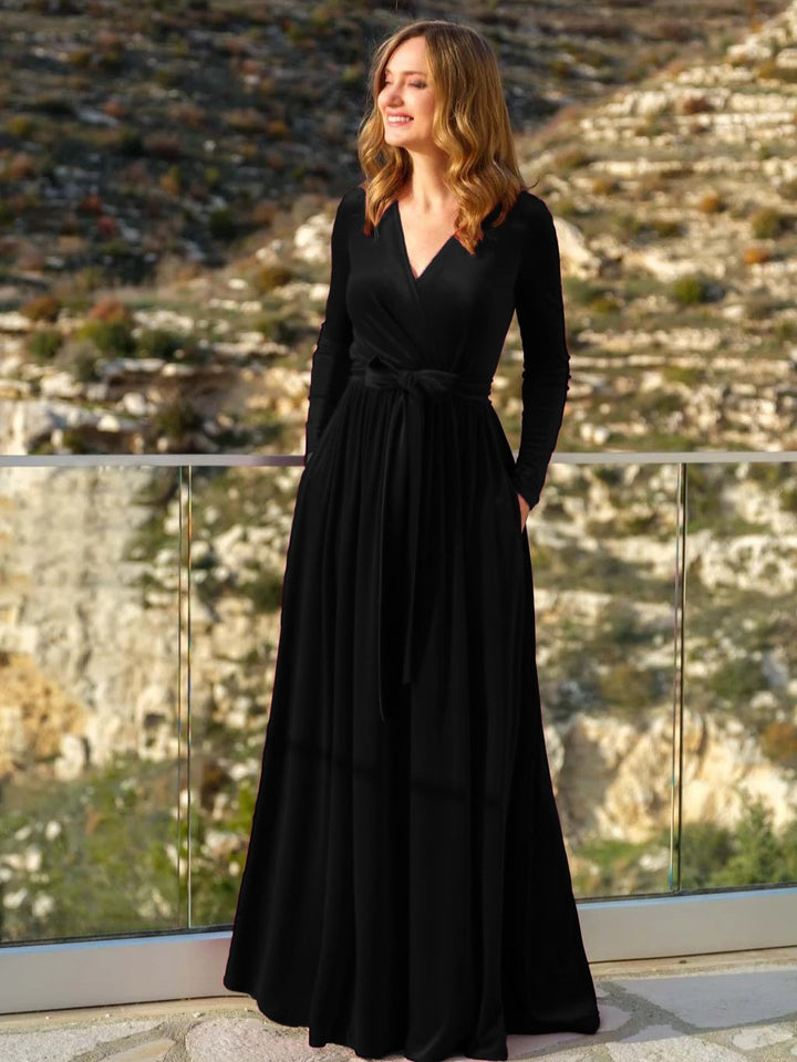Damen nan elegantes Wickelmaxikleid aus Samt mit V-Ausschnitt, Taillengürtel und seitlichen Eingrifftaschen Drune