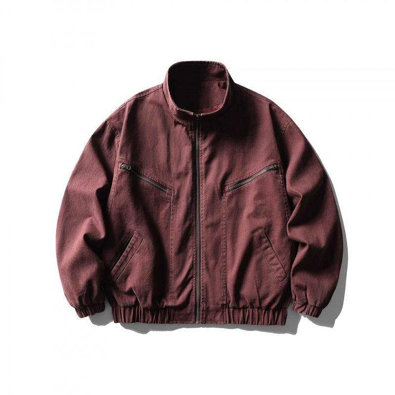 Unisex Kastenförmige Zip-Blousonjacke aus Canvas mit Stehkragen, schrägen Reißverschlusstaschen und elastischem Saum Drune