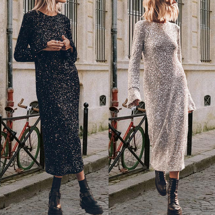 Damen Glitzerndes Midikleid mit elegantem Rundhalsausschnitt und figurschmeichelndem Schnitt Drune