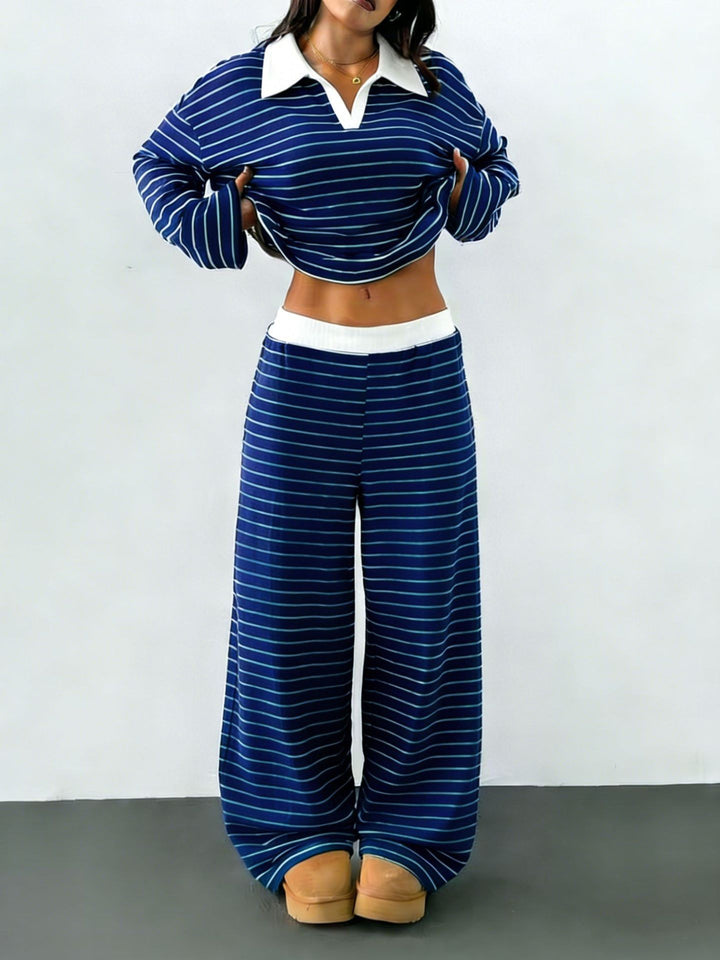 Damen lässiges Streifen-Loungewear-Set mit Kragen Drune