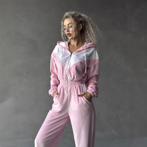 Damen Fleece-Sportanzug mit modernem Reißverschluss und elastischem Bund Drune