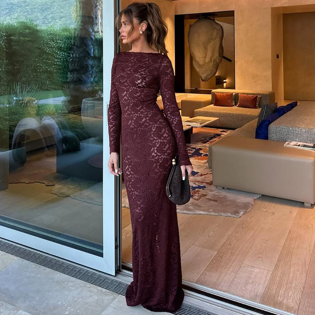 Damen Elegantes Spitzenmaxikleid mit langen Ärmeln Drune