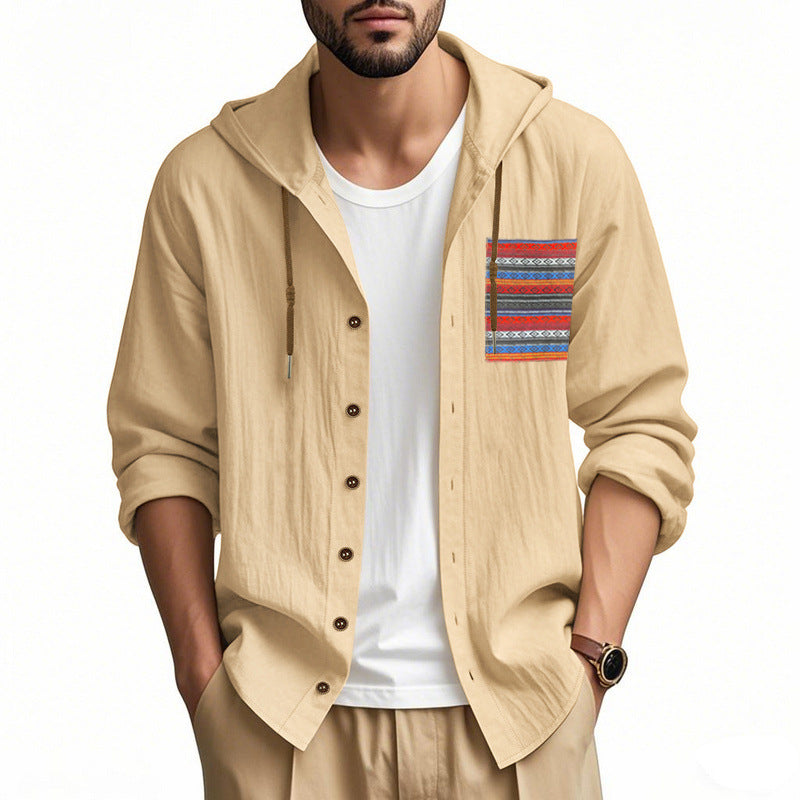Herren nan leichte Kapuzenhemdjacke aus strukturierter Baumwollmischung mit Ethno‑Brusttasche und Knopfleiste Drune