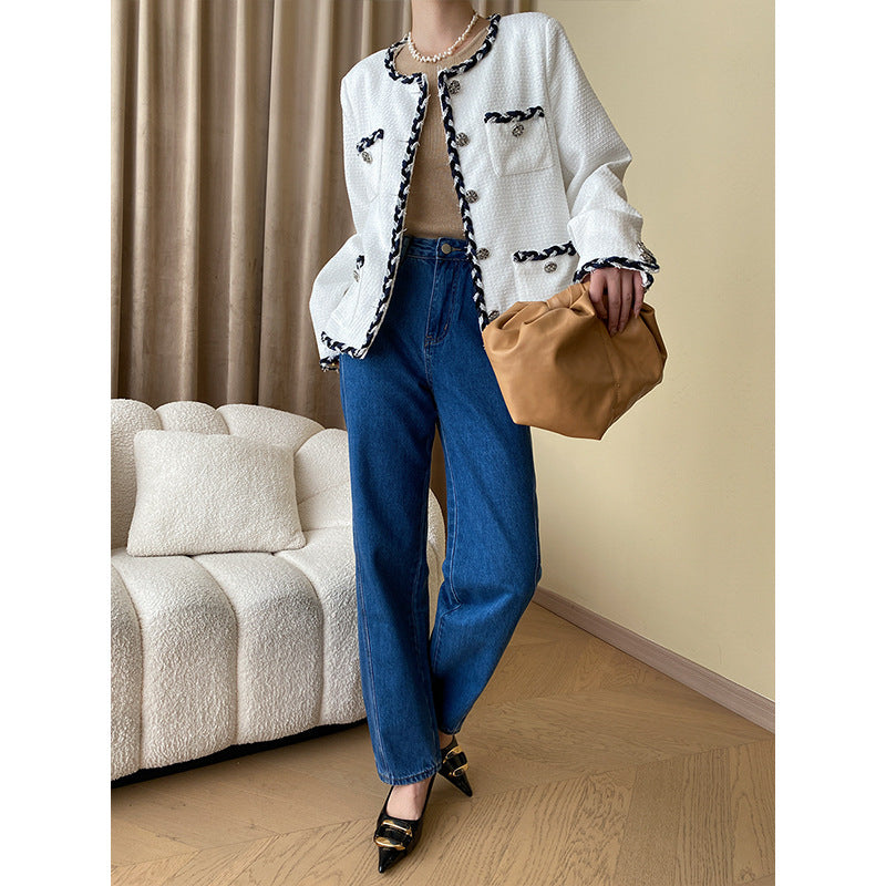 Damen lässige Denim-Hemdbluse mit kontrastierenden Ärmeln und Brusttasche Drune