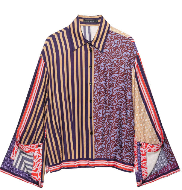 Damen Gemusterte Patchwork‑Bluse mit weitem Glockenärmel und Hemdkragen Drune