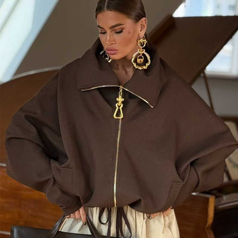 Damen Lässige Oversize-Jacke mit hohem Kragen und Reißverschluss Drune