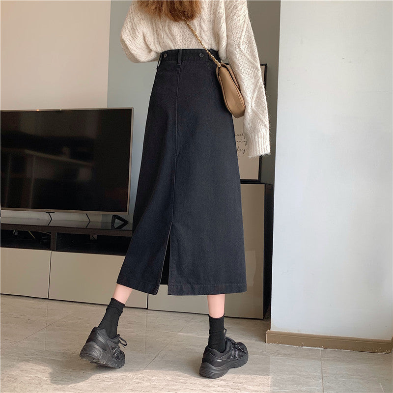 Damen Denim-Midi-Rock mit hoher Taille Drune