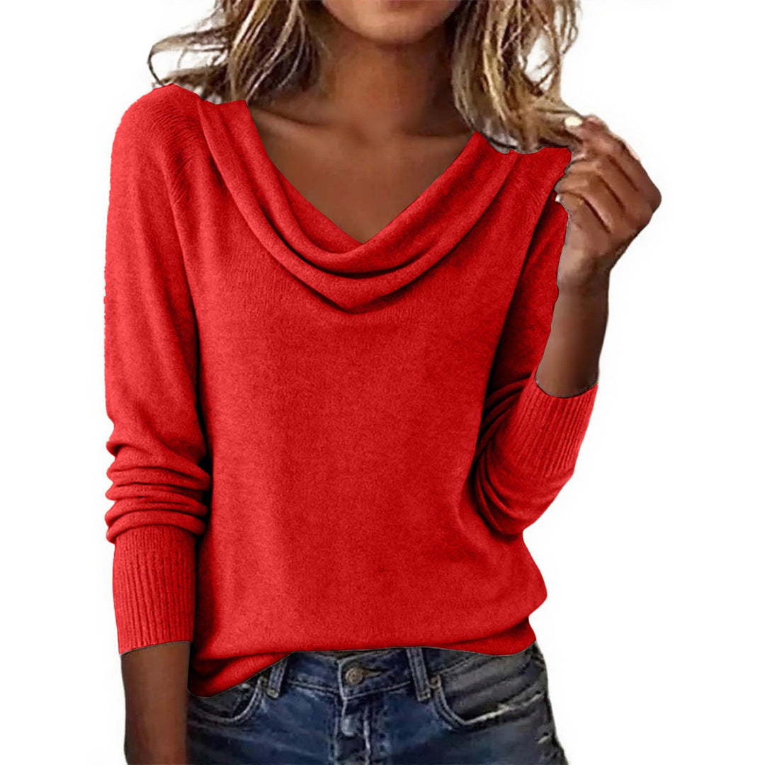 Damen Feiner Strickpullover mit Wasserfallkragen und Rippbündchen Drune
