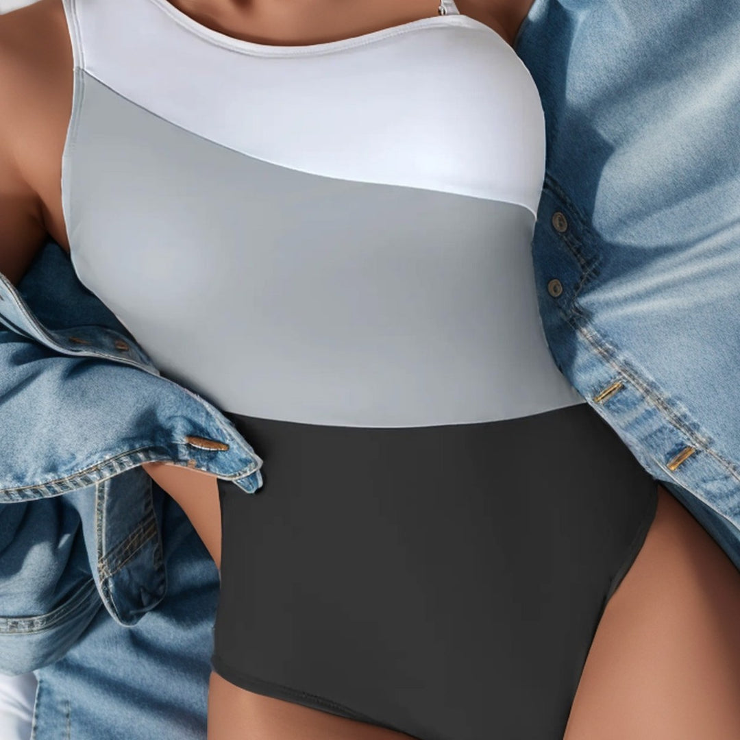 Damen Einseitiger Badeanzug mit modernem Farbblock-Design Drune