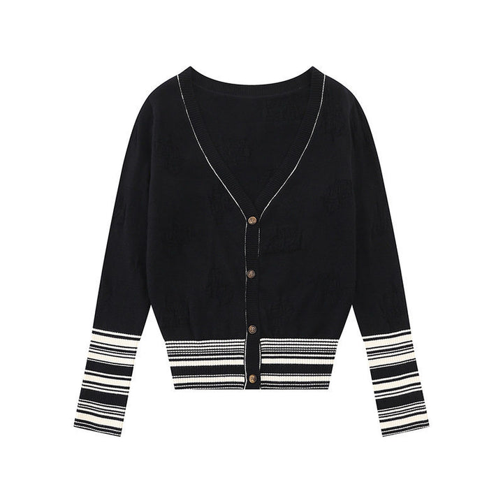 Damen Strickjacke mit V‑Ausschnitt, feinem Jacquardmuster und kontrastierenden Bündchen Drune