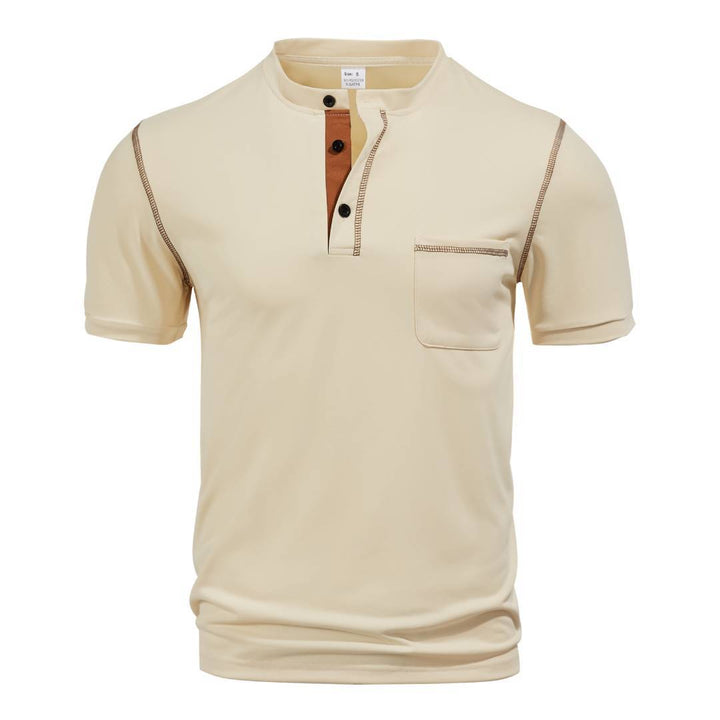 Herren nan kurzärmeliges Henley-Shirt mit Stehkragen, Brusttasche und kontrastierenden Ziernähten Drune