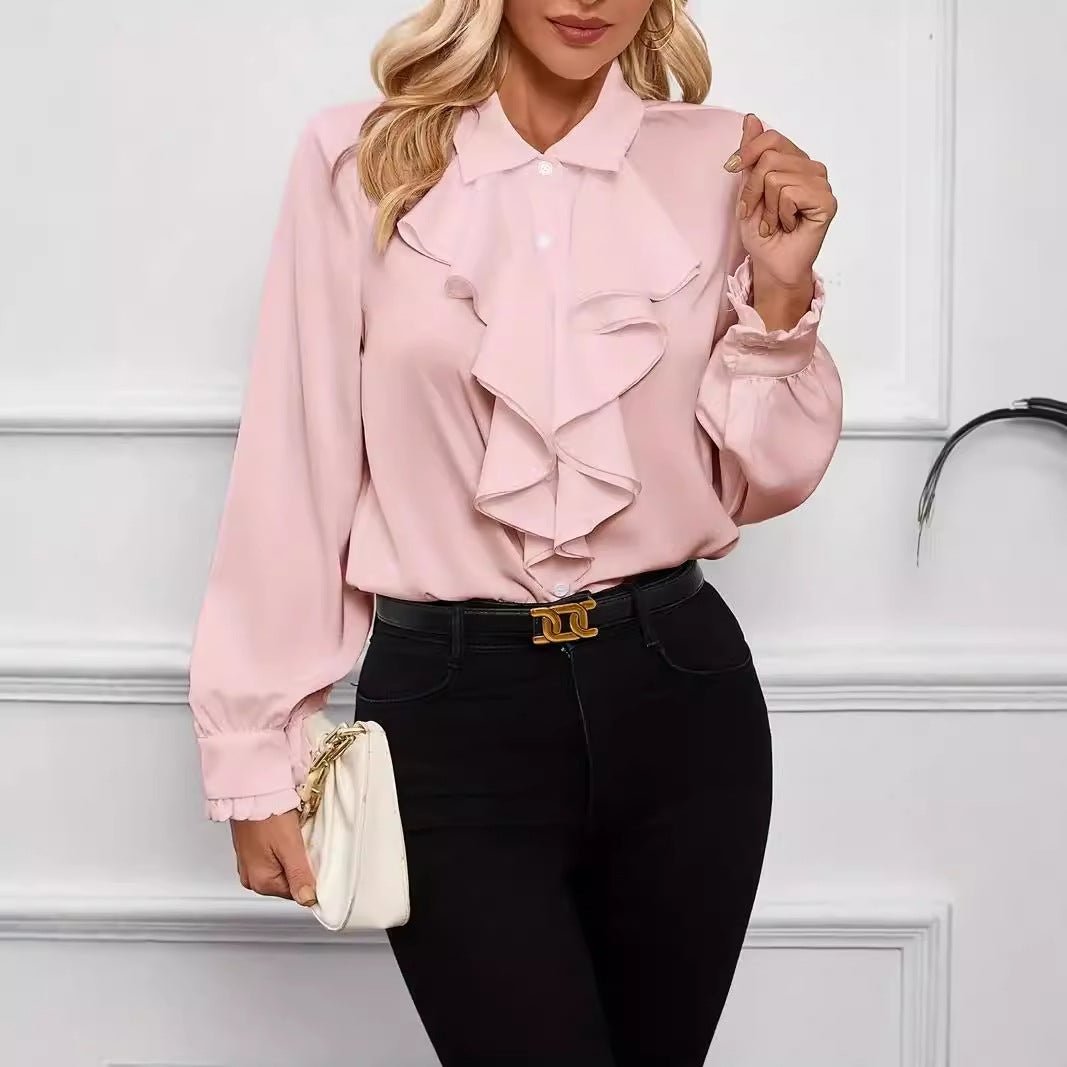 Damen elegante Rüschenbluse mit langem Arm und femininer Silhouette Drune