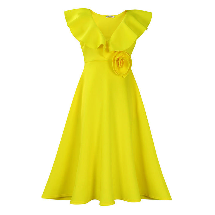 Damen A-Linien Kleid mit stilvollen Rüschen und floralem Detail Drune