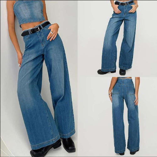 Damen nan hochgeschnittene Weitbein-Jeans mit rohem Bund, extra weitem Bein und Fünf-Taschen-Schnitt Drune